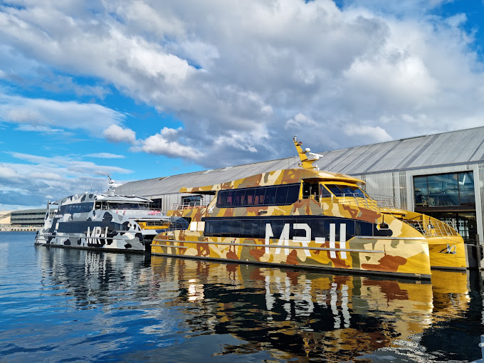 MONA ferry catamarans in camouflage livery docked at Hobart's waterfront